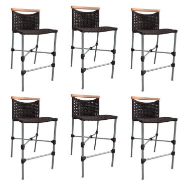 Imagem de Kit 6 Banquetas Em Corda Náutica Base Em Alumínio Cinza Com Detalhe Em Madeira Marrom Marrom