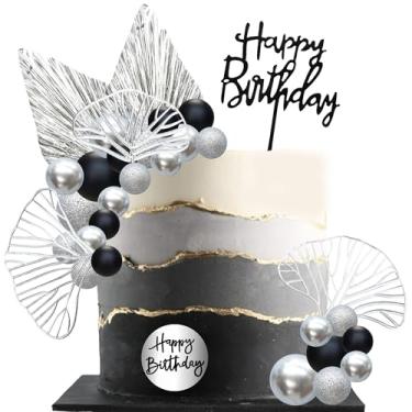 Imagem de Ephlyn Bolinhas de acrílico para decoração de bolo de feliz aniversário, folhas de palmeira, folhas de palmeira, para decoração de festa de aniversário, casamento, chá de bebê, preto, prata