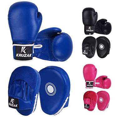 Imagem de Kruzak Conjunto de luvas de boxe e luvas de foco simples para Kickboxing e Muay Thai MMA Training – Kit de fitness com almofadas de perfuração para artes marciais e karatê (azul, 227 g)