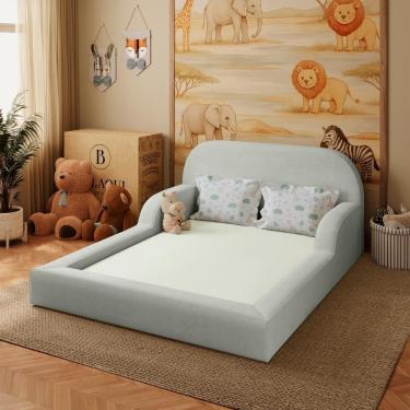 Imagem de Cama Colchão Casal Montessoriana Infantil Proteção Lateral Cinza Claro