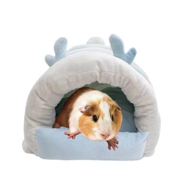 Imagem de Copfeu Cama de porquinho da índia com almofada de algodão, esconderijo de coelho, lã quente, lavável, casa de dormir de inverno para animais de estimação pequenos/furão/chinchila/coelho (azul, médio)