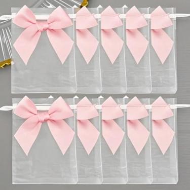Imagem de 20 peças de bolsas de organza com laço rosa, sacos de organza transparente, 9 x 12 cm, bolsas com cordão rosa, bolsas de presente de casamento, sacolas de organza de Natal, pequenos sacos de presente