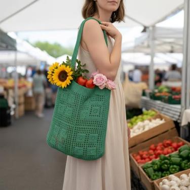 Imagem de Bolsa feminina de crochê fofa de malha de crochê para férias de verão bolsa de malha boho estética para mulheres ombro, Verde, Casual