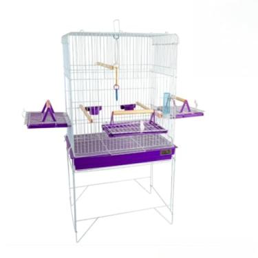 Imagem de Gaiola grande para papagaio e calopsita com espaço amplo, bandeja removível, comedouros e poleiros, ideal para aves mansas que precisam de um viveiro seguro e confortável (Lilás)