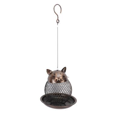 Imagem de Alimentador de pássaros pendurado ao ar livre à prova de esquilo malha de metal alimentador de pássaros selvagens com design em forma de gato para decoração de pátio de jardim