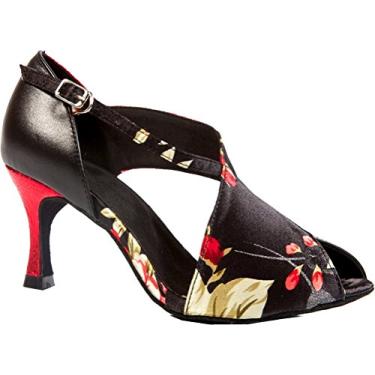 Imagem de Salabobo L030 Feminino Sexy Latin Tango Cha-cha Ballroom Festa de Casamento Formatura Peep Toe Salto Personalizado Cetim Sapatos de Dança, Preto, 8.5 US(4IN)
