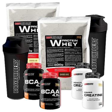 Imagem de Kit 4x Whey Protein 500g + BCAA 100g Tangerina + Power Creatina 100g + Coqueteleira - Bodybuilders Sabor Chocolate