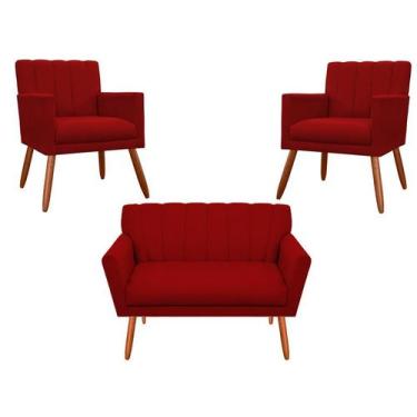 Imagem de Kit Namoradeira + 2 Poltronas Decorativa Cecília Suede Vermelho Pés Ma