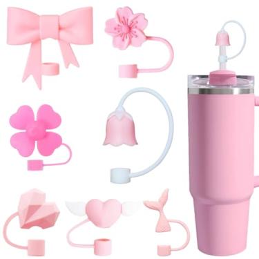 Imagem de Mocbovni 7 pacotes de topos de palha 3D da série rosa mista, capas de palha de silicone macio, adequado para canudo de 10 mm, compatível com Stanley Cup 30 e 1,134 g, acessórios protetores de palha à