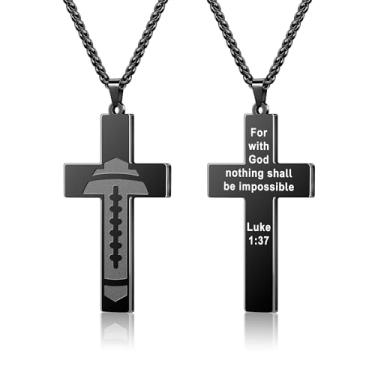Imagem de Yifnny Colar masculino com cruz de futebol americano, versículo bíblico de aço inoxidável, fé religiosa, escrituras cristãs, pingente, corrente cruzada, primeira comunhão, batismo, joias esportivas,