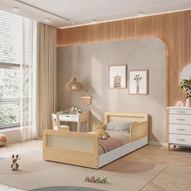 Imagem de Cama Infantil Solteiro Montessoriano Lift em Madeira Maciça com Rattan 1 Grade Casatema