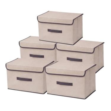 Imagem de Caixa Organizadora Bege Claro com Tampa Antipoeira - Conjunto de 2/3/5 Unidades para Organização Residencial - Caixas de Tecido Oxford Empilháveis com Fixação Central (5 unidades)
