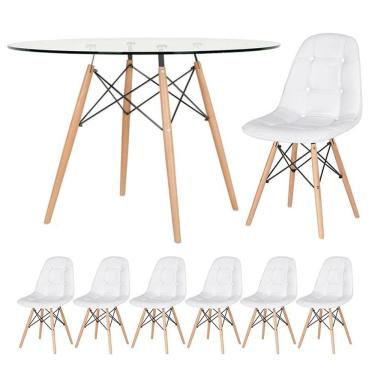 Imagem de Mesa Eames Com Tampo De Vidro 120 Cm + 6 Cadeiras Estofadas Eiffel Botonê Branco