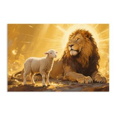 Imagem de SDYJ6GSW Leão de Judá, arte de parede, tela, cordeiro, Jesus, pinturas, para sala de estar, pôster e impressões cristãs, decoração de parede para quarto, pôster de 45 x 30 cm (18 x 12 pol.)