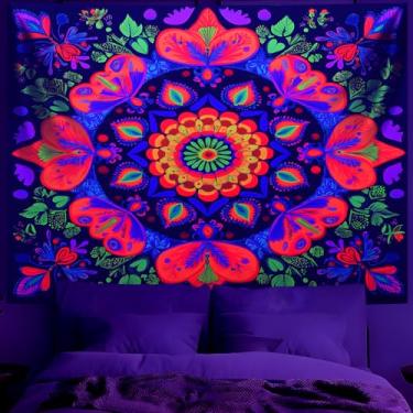 Imagem de BVBOX Tapeçaria de mandala de luz negra tapeçaria UV reativa riactivo arte de parede paisagem neon pôster de festa que brilha no escuro para quarto, sala de estar (tipo 5, 200.7 cm x 149.9 cm, sem