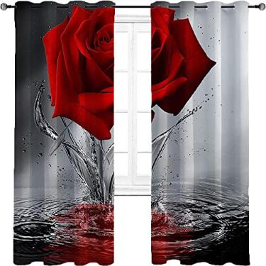 Imagem de Cortina blackout rosa, flor floral romântica reflexão rosa vermelha na água, tecido impermeável, anel trançado de redução de ruído de três camadas, cortina de sombra superior, L 182 x C 150 cm preto