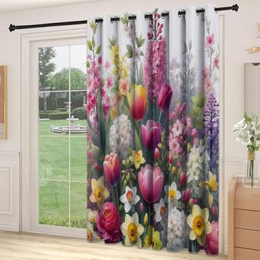 Imagem de Divisória de parede de cortina de sala de primavera, cenário floral florido com tema de selva das maravilhas com pétalas delicadas vegetação, adequada para portas de vidro deslizantes, cortinas
