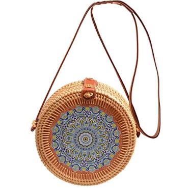 Imagem de SHAREYOIU Bolsas de ombro redondas de vime estampadas à mão estilo praia tropical natural chique com alça de couro, 23, Big，7.87x 3.2 inch