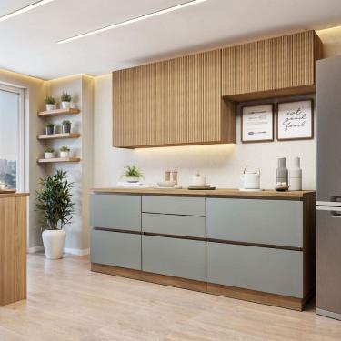 Imagem de Cozinha Completa Modulada 4 Peças 6 Portas 4 Gavetas com Rodapé Norten Marrom/Verde