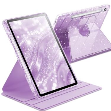 Imagem de INFILAND Capa giratória para Samsung Galaxy Tab S10 FE/ S9 FE 5G 10,9 polegadas/Tab S9 11 polegadas 360 linda capa com glitter com parte traseira transparente, suporte de caneta S para meninas
