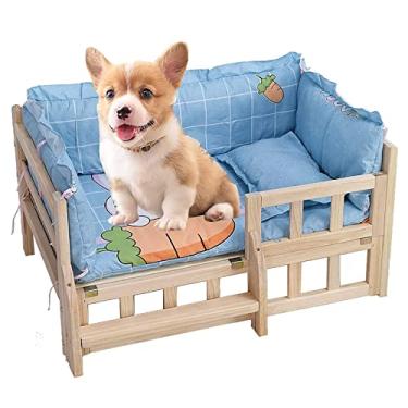 Imagem de TsoLay Cama elevada para cães cama de madeira para animais de estimação com cama e corrimão, sofá removível para cães e gatos com colchão e cerca para animais de estimação grande/médio para cães e