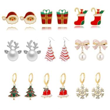Imagem de QLUYCKW Conjunto de 9 pares de brincos de Natal para mulheres, lindos flocos de neve, Papai Noel, arco, árvores de Natal, pão de gengibre, brincos masculinos de Natal, festas de fim de ano, joias