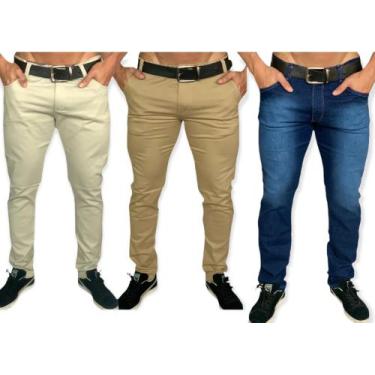 Imagem de Kit 3 calça jeans masculina slim com lycra caqui em sarja Skinny - EMP