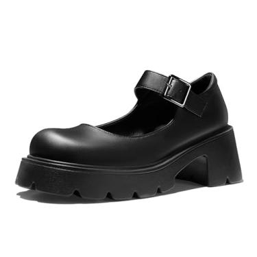 Imagem de AOSPHIRAYLIAN Sapatos femininos Mary Janes bico redondo plataforma tira no tornozelo salto grosso uniforme sapato social, Preto, 34