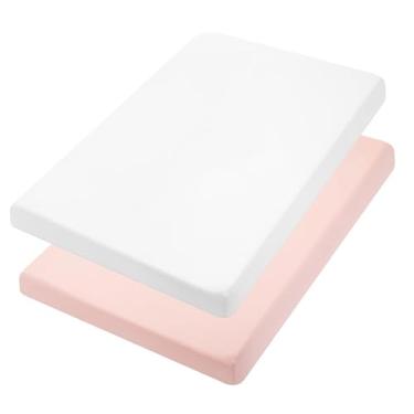 Imagem de TILLYOU Lençóis com Elástico para Mini Berço- Lençol de Malha Macia para Pack N Play, Lençóis de Microfibra para Mini Berço, Lençol de Cercadinho para Bebê, Pacote com 2, Lavável À (Mini Lençol De Ber