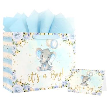 Imagem de ASYEHJNR Bolsa de presente de tamanho grande de 33 cm com estrela azul e dourada It's a Boy Baby Blue Floral Flower Elephant Gift Bag com cartão de felicitações e papel de seda para chá de bebê It's a