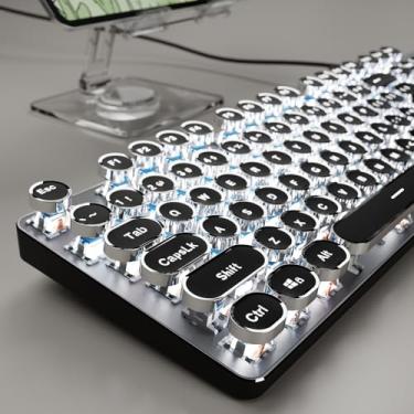 Imagem de SEUNKWANG Teclado mecânico EWEADN TK100 com fio, 104 teclados estéticos para máquina de escrever com retroiluminação branca, anti-fantasma, interruptor azul com fio, lindos teclados - preto