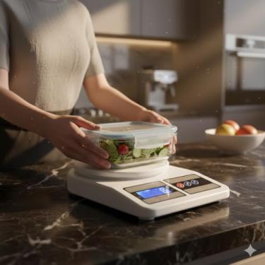 Imagem de Kit Fitness com 2 Potes Herméticos de Vidro 370ml e Balança Digital de Cozinha 10kg, Branco