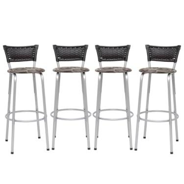 Imagem de Banqueta Altas Junco Preto Estrutura Prata 70cm Para Balcão Cozinha, Bar, Bistrô, Americano Kit 04 Unidades - Itagold (Assento Floral Marrom)