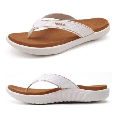 Imagem de KuaiLu Chinelo feminino feminino tapete de ioga confortável caminhada sandália tanga com fascite plantar suporte de arco slip on interior exterior para o verão, Cáqui branco, 39