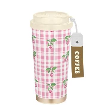 Imagem de SEHANY Caneca de viagem de cereja fofa de 482 g Copos de café reutilizáveis revestidos de cerâmica com tampa à prova de vazamento, parede dupla, isolamento a vácuo, copo de café de aço inoxidável para