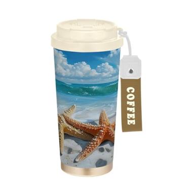 Imagem de SEHANY Caneca de viagem Summer Sea Beach Starfish 482 g Copos de café reutilizáveis revestidos de cerâmica com tampa à prova de vazamento, parede dupla, isolamento a vácuo, copo de café de aço