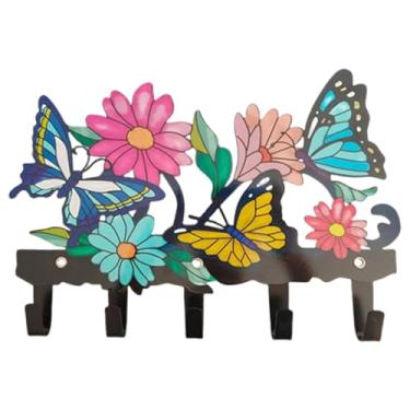 Imagem de Ioensy Cabide de parede para chaves com borboletas e flores, 5 ganchos, em ferro, para decoração de casa. Design moderno para de entrada e bolsa.