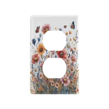 Imagem de Blueangle Placa de parede duplex Wildflowers Butterflies Outlets, tamanho padrão, placas de cobertura de tomada elétrica de 1 gangue para decoração de quarto de escritório em casa, 4,53 x 2,76