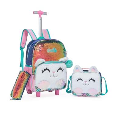 Imagem de Mochila Rodinha Escolar Infantil de Lancheira e Estojo Lápis Ideal para Meninos e Meninas de 7 a 12 Anos (gatinho)
