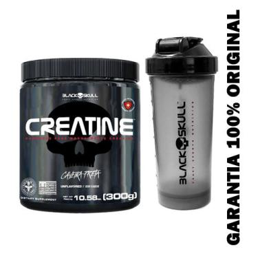 Imagem de Creatina Monohidratada 300g Coqueteleira 600ml Caveira Preta - Black S