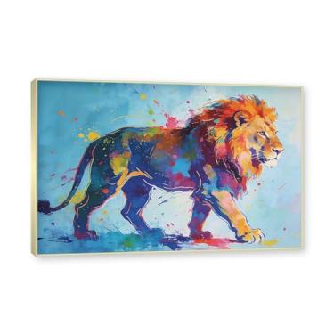 Imagem de NHLDZYH Moldura dourada. Pintura salpicada de leão pintura em tela abstrata arte animal mural vívido chama a atenção para sala de estar decoração de casa moderna. A61. 40 x 60 cm.