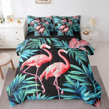 Imagem de Erosebridal Jogo de edredom queen com flamingo rosa e palmeira tropical em uma bolsa com lençol de cima e lençol com elástico para crianças, adolescentes e adultos, jogo de cama com fronha e fronha