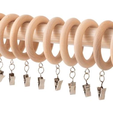 Imagem de Anéis de cortina de madeira com clipes, clipes de cortina de fazenda, anel de cortina de madeira, ganchos, anéis de cortinas (61, 5 cm de diâmetro interno)
