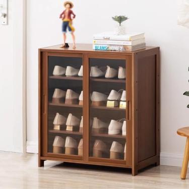 Imagem de Porta deslizante bidirecional, armário de sapatos vertical de bambu de 4/8 níveis, porta estreita de armário de sapatos feita de acrílico independente para sapatos com 32 cm de largura, adequado para
