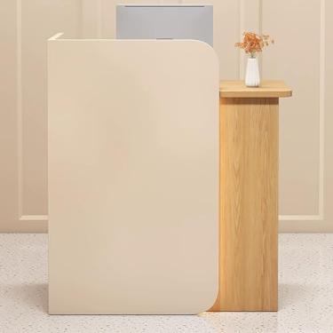 Imagem de Mesa de recepção moderna com gaveta bloqueável, faixa de luz LED e balcão elegante - ideal para uso no escritório ou salão de beleza - cor bege - 80 x 45 x 100 cm