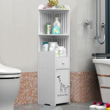 Imagem de Armário de armazenamento de banheiro pequeno, organizadores de banheiro estreitos com porta e prateleira aberta, placa de plástico de madeira, à prova de umidade, para banheiro banheiro espaços