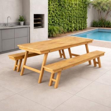 Imagem de Conjunto Mesa de Churrasco Rústica com 2 Bancos em Madeira Maciça Eucalipto Cera Mel