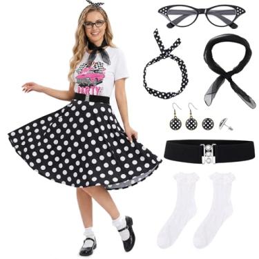 Imagem de ZhouBoat 9 peças de roupas femininas Sock Hop, roupa feminina dos anos 50, camiseta com saia poodle 1950 com acessórios dos anos 50 para fantasias de Halloween, Multicor, Large