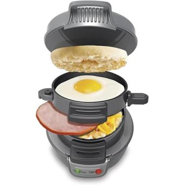 Imagem de Sanduicheira de café da manhã, sanduicheira Panini Press 750W e churrasqueira elétrica interna com anel para cozinhar ovos e placas revestidas antiaderentes, aquecimento anular de camada dup