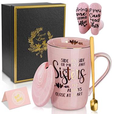 Imagem de Presentes de irmã da irmã, irmão - presentes de aniversário de dia dos namorados para ela, mulheres, melhor amiga, irmã, irmã mais nova, irmã alma - caneca de café de mármore caixa de presente impressa ouro 410 ml rosa